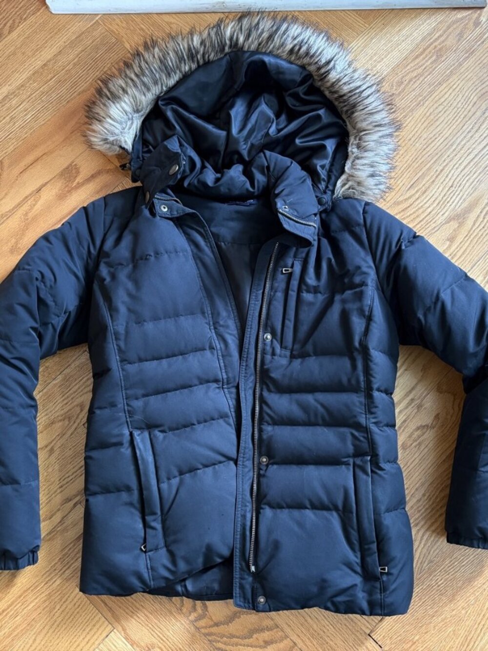 Lands' End Down Puffer Coat Women S Black Faux Fur Removable Hood Parka